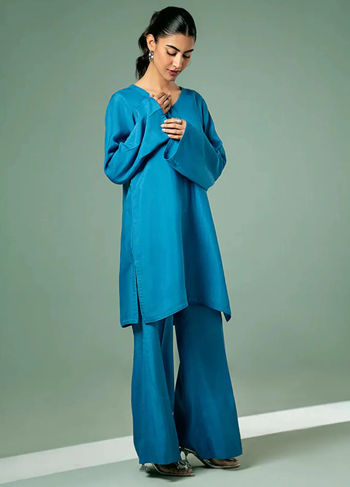 Fozia Khalid Pret Casual Silk 2 Piece Cyan Blue