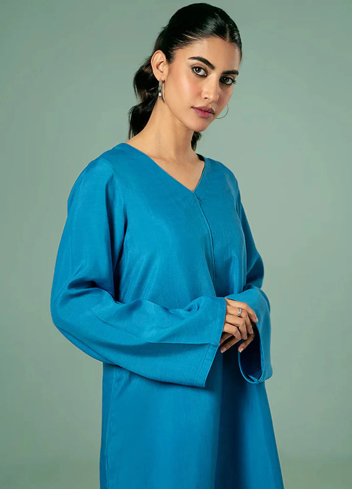 Fozia Khalid Pret Casual Silk 2 Piece Cyan Blue