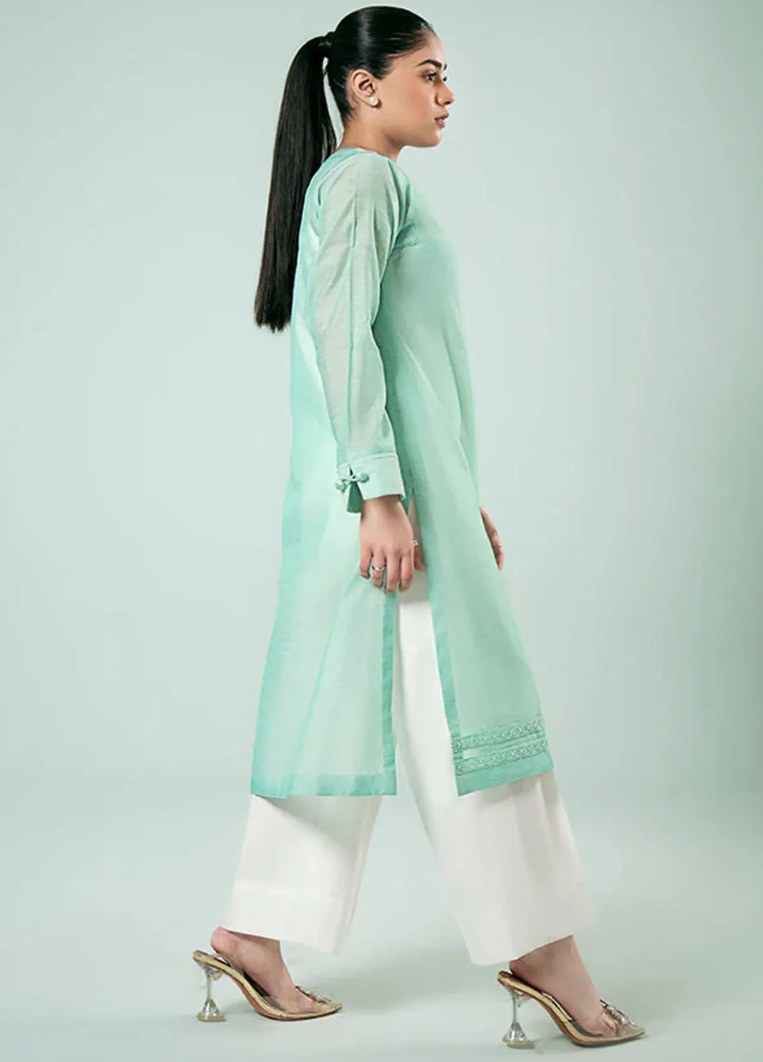 Fozia Khalid Pret Casual Silk Kurti Dark Mint Delight