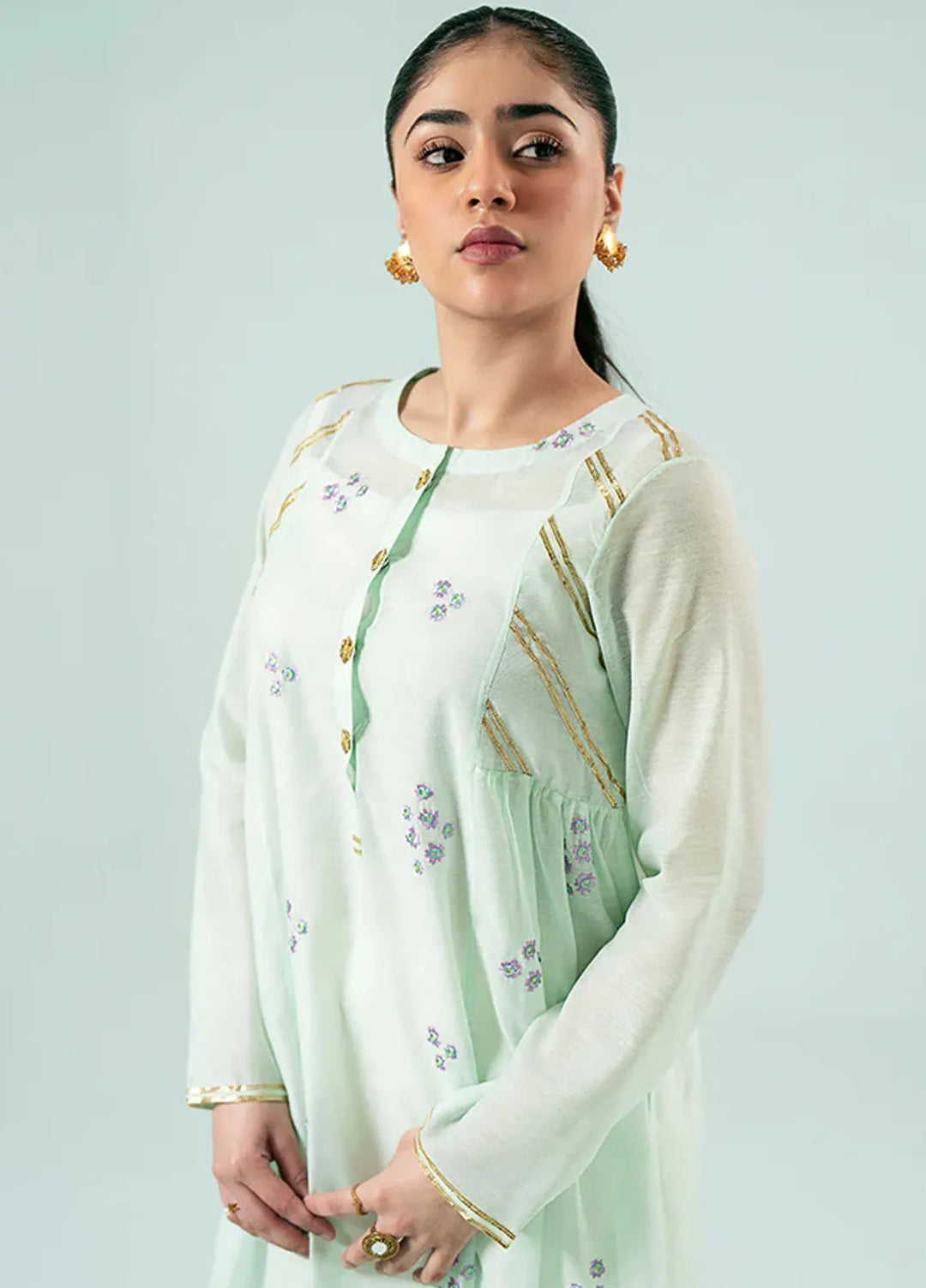 Fozia Khalid Pret Casual Silk Kurti Floral Paneled Tunic