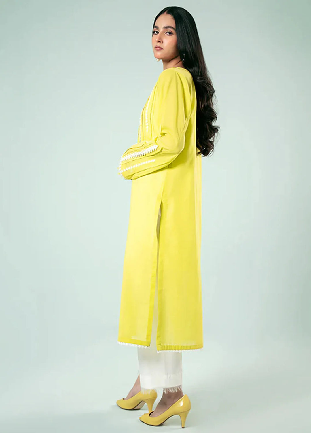 Fozia Khalid Pret Casual Silk Kurti Lime Yellow Tunic