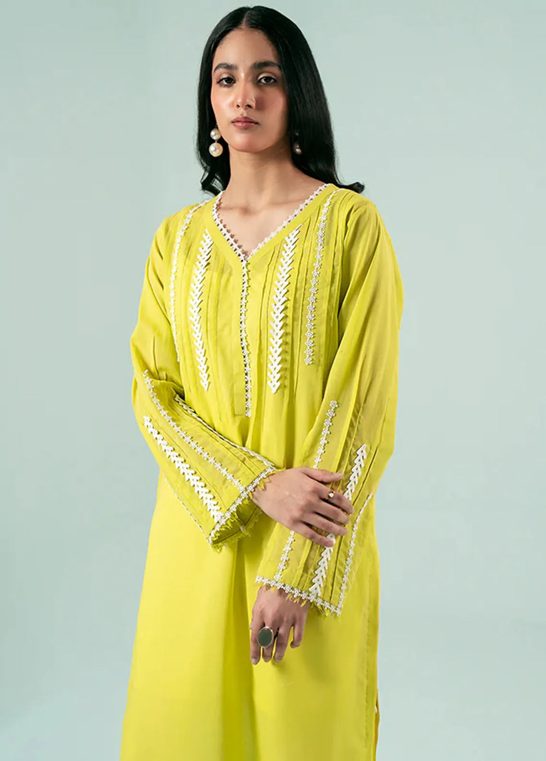 Fozia Khalid Pret Casual Silk Kurti Lime Yellow Tunic