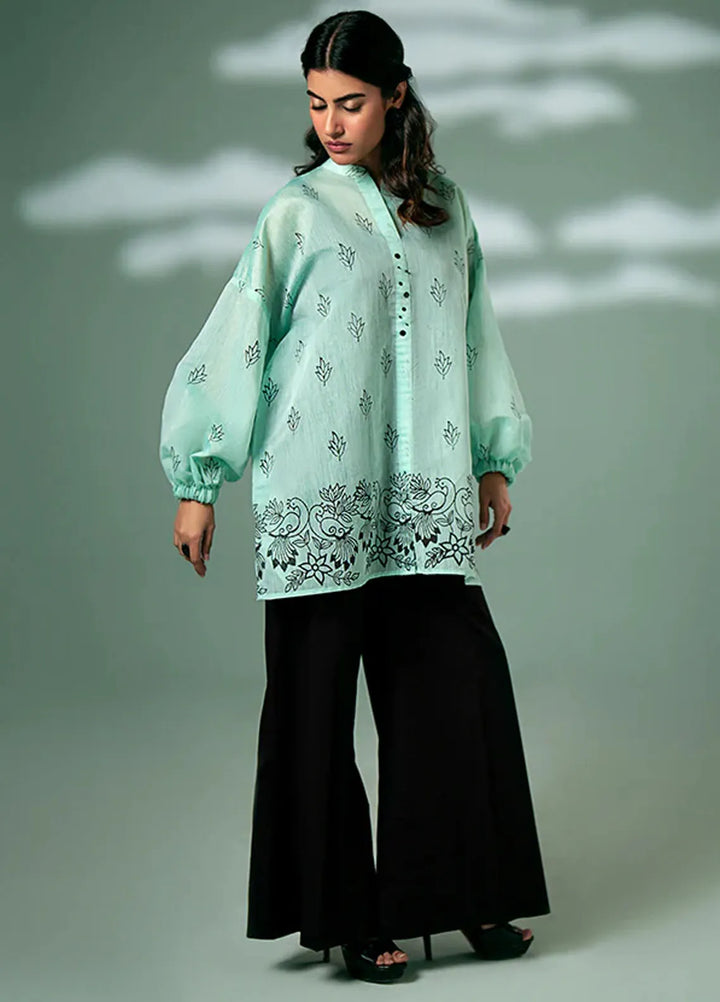 Fozia Khalid Pret Casual Silk Kurti Mint Green Peacock Tunic