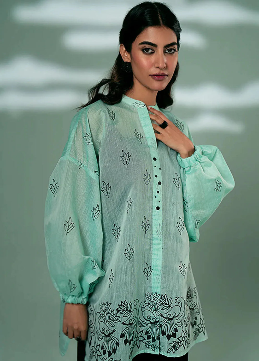 Fozia Khalid Pret Casual Silk Kurti Mint Green Peacock Tunic