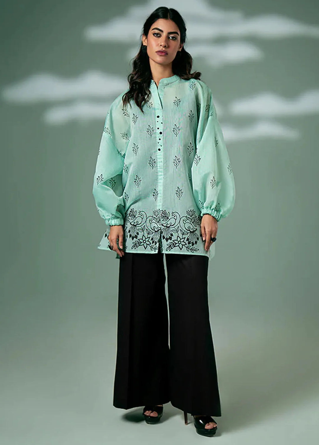 Fozia Khalid Pret Casual Silk Kurti Mint Green Peacock Tunic