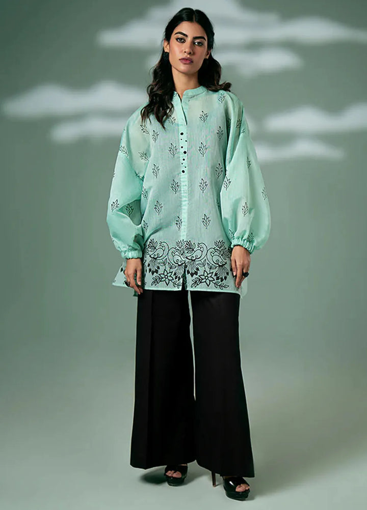 Fozia Khalid Pret Casual Silk Kurti Mint Green Peacock Tunic