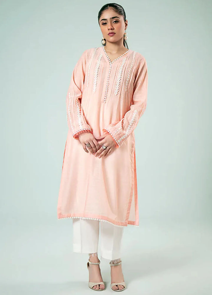 Fozia Khalid Pret Casual Silk Kurti Peachy Lace Tunic