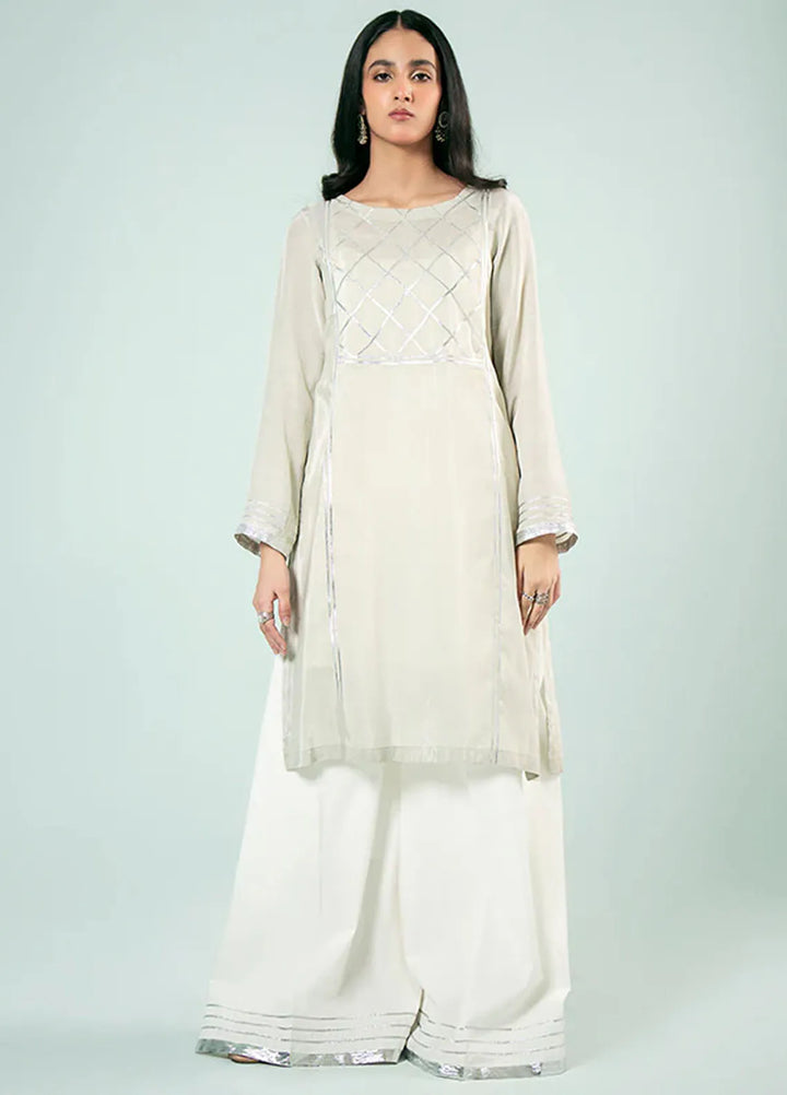 Fozia Khalid Pret Casual Silk Kurti Silver Panelled