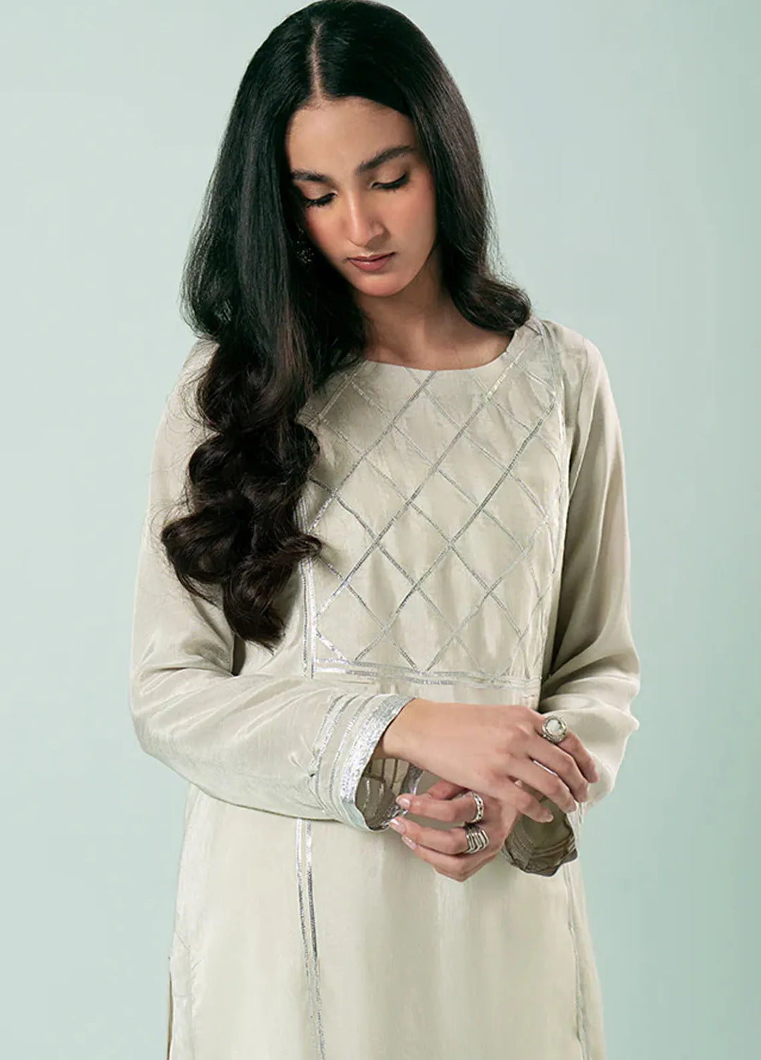 Fozia Khalid Pret Casual Silk Kurti Silver Panelled