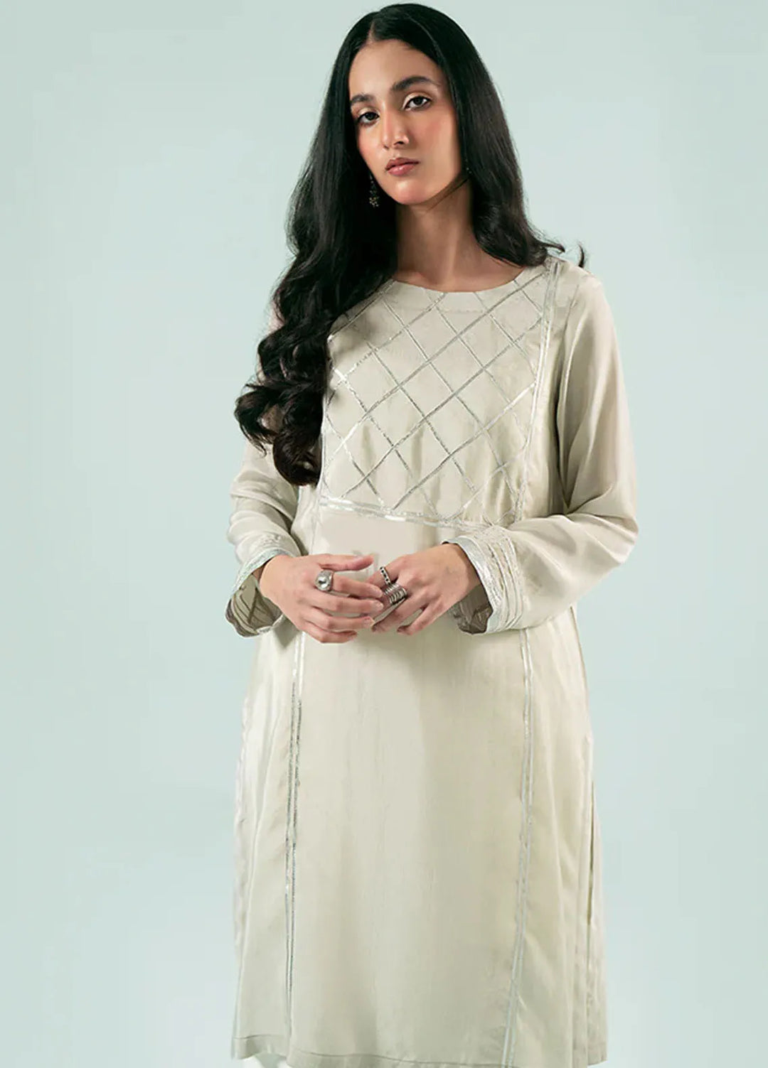 Fozia Khalid Pret Casual Silk Kurti Silver Panelled
