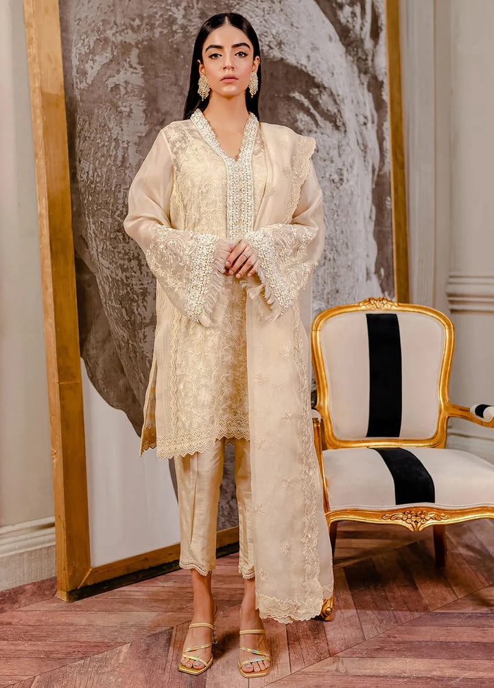 Fozia Khalid Pret Embroidered Organza 3 Piece Suit Chanterelle Beige