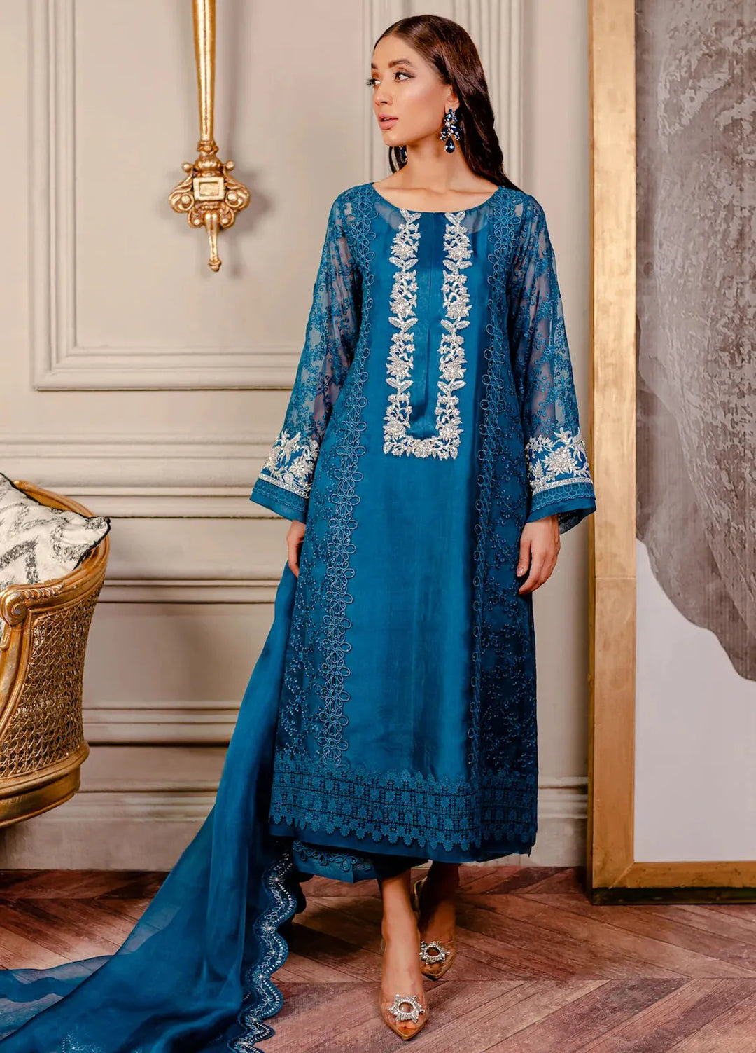 Fozia Khalid Pret Embroidered Organza 3 Piece Suit Sherpa Blue