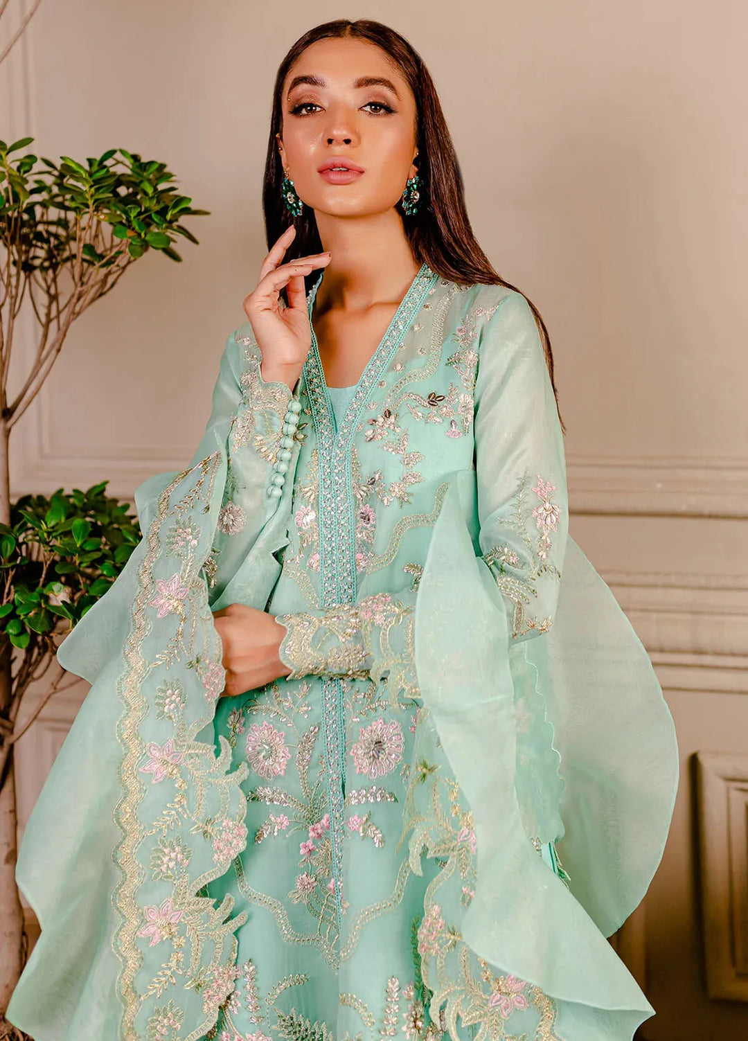 Fozia Khalid Pret Embroidered Organza 3 Piece Suit Tiffany Blue