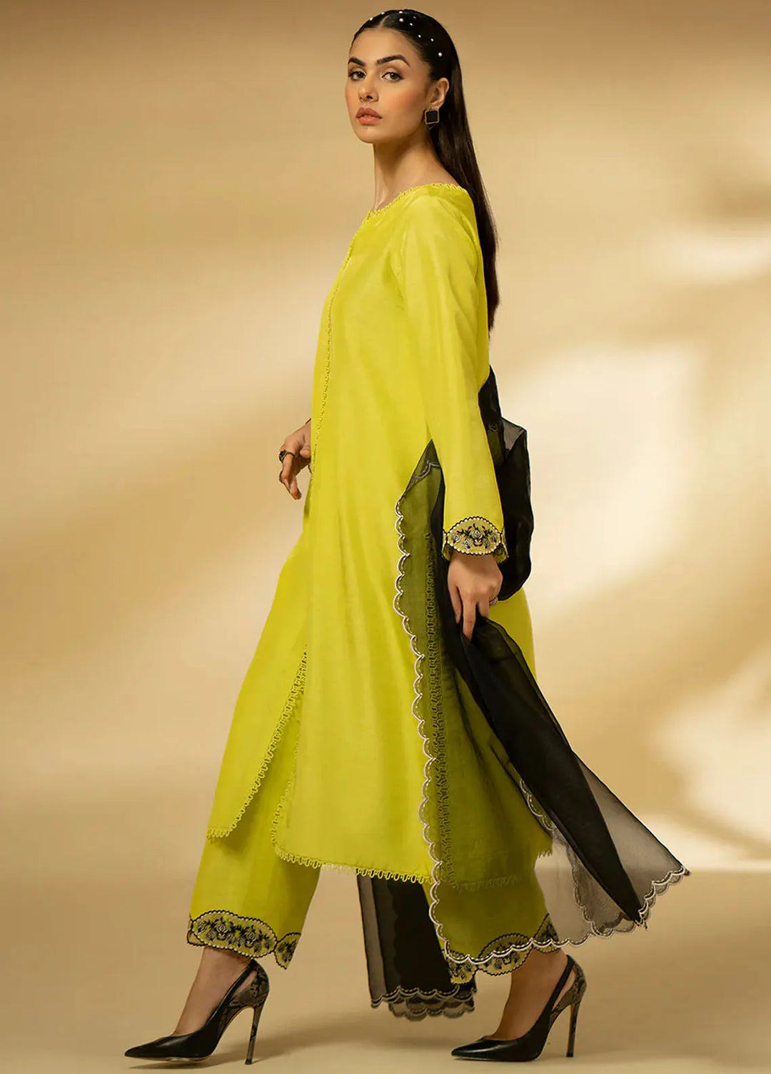 Fozia Khalid Pret Embroidered Raw Silk 3 Piece Suit Lime Zest