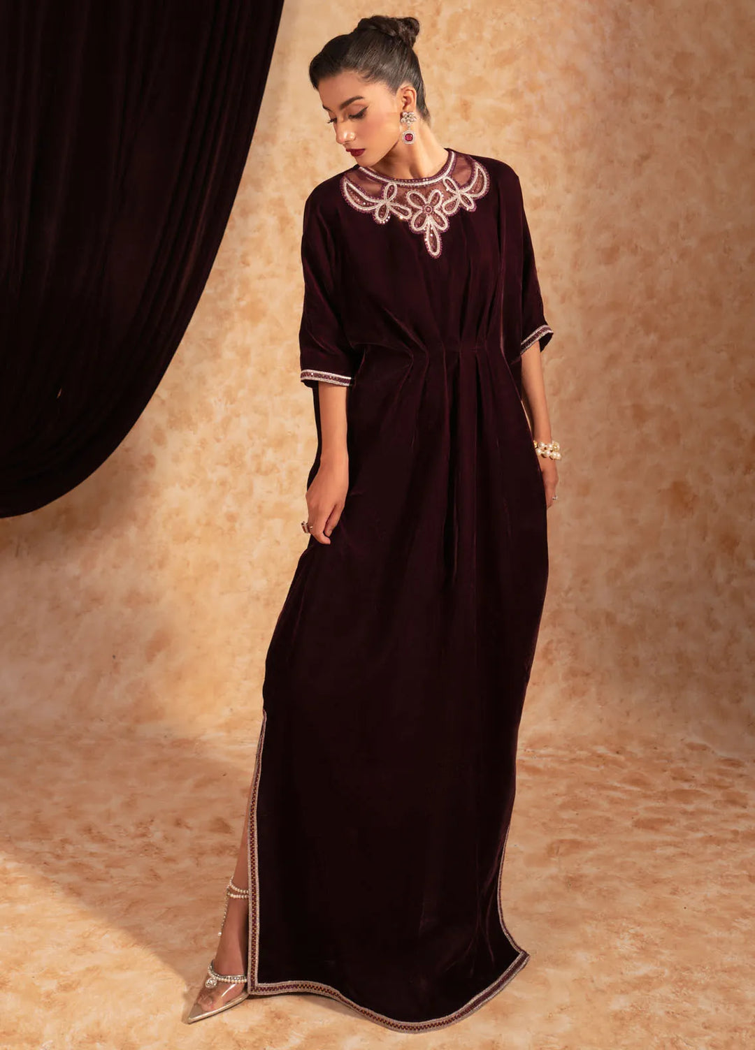 Fozia Khalid Pret Embroidered Velvet Kaftaan Ruby