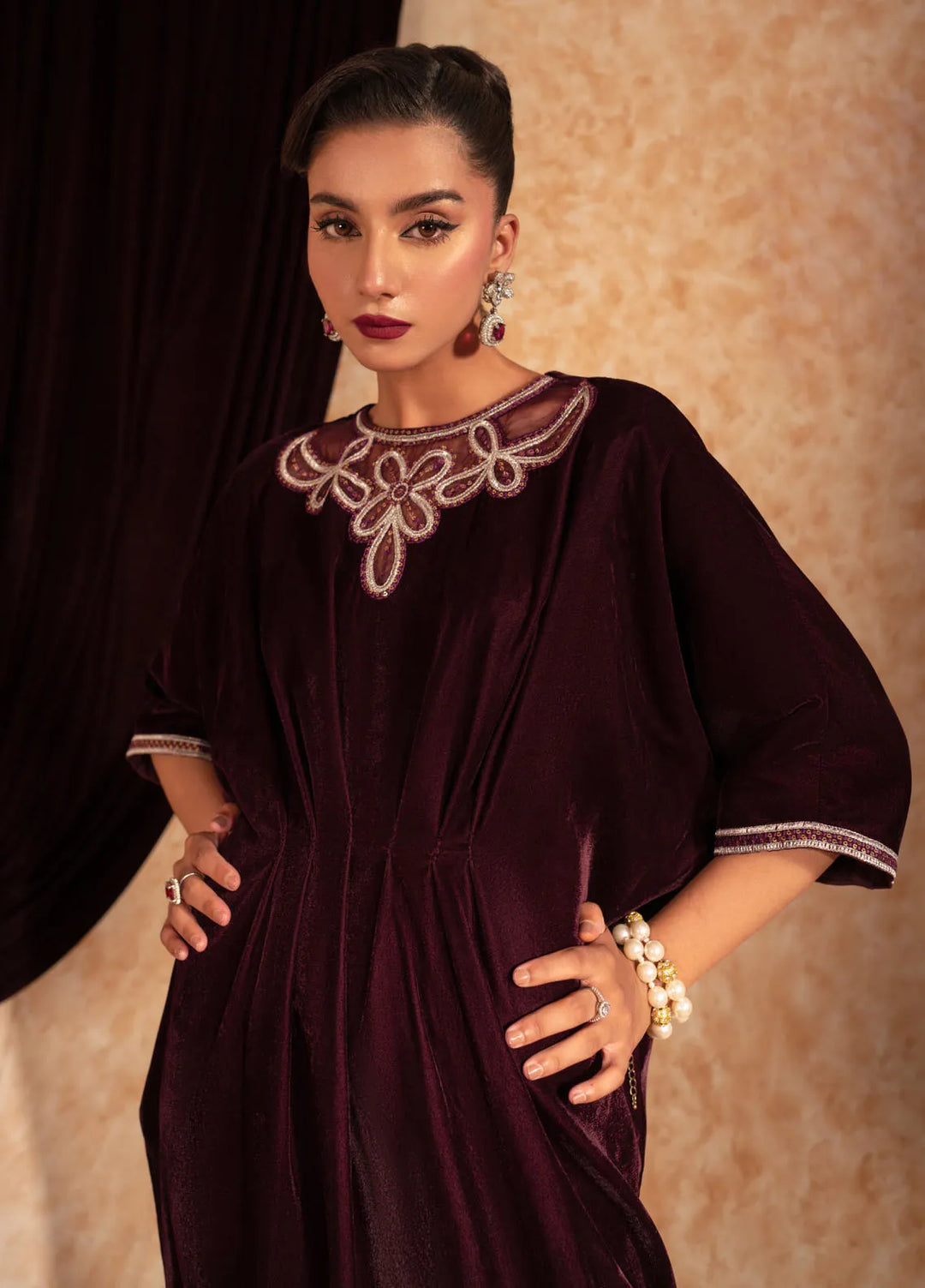 Fozia Khalid Pret Embroidered Velvet Kaftaan Ruby