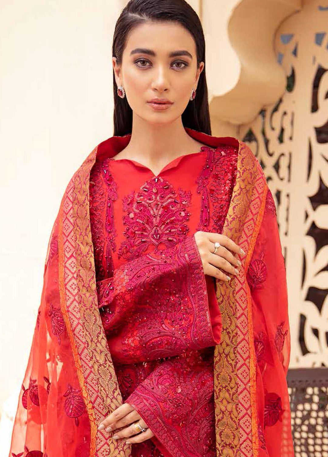 Freesia By Maryum N Maria Embroidered Organza Suits Unstitched 3 Piece MNM21FP 05 Rosy Evening - Premium Collection