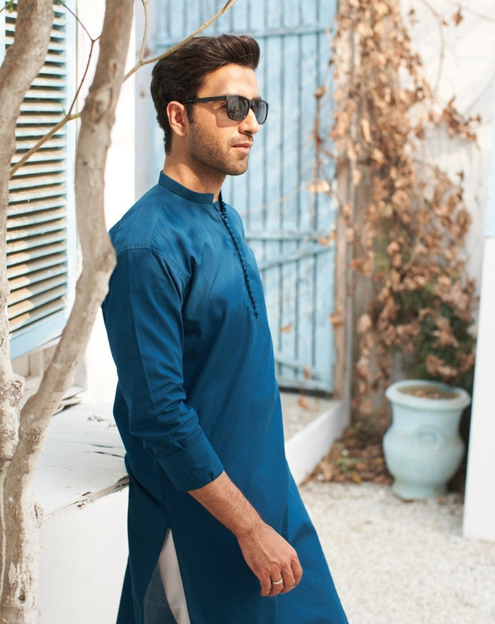Muraqsh Ready To Wear Solids  Men French Blue Cotton Kurta Trouser MUR-FBCKW - Summer Collection