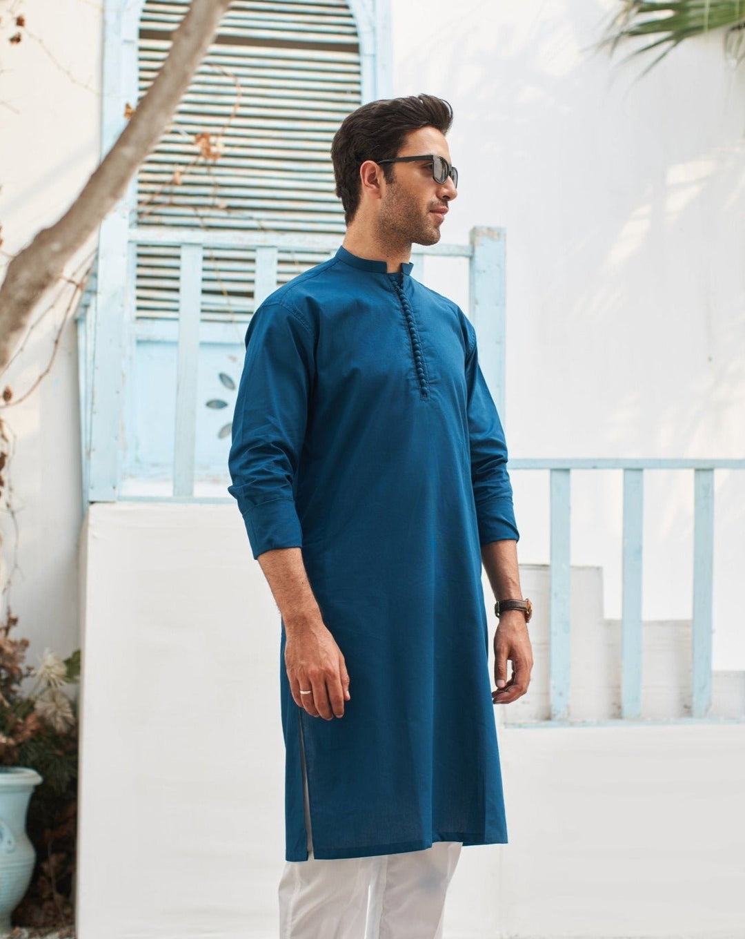 Muraqsh Ready To Wear Solids  Men French Blue Cotton Kurta Trouser MUR-FBCKW - Summer Collection