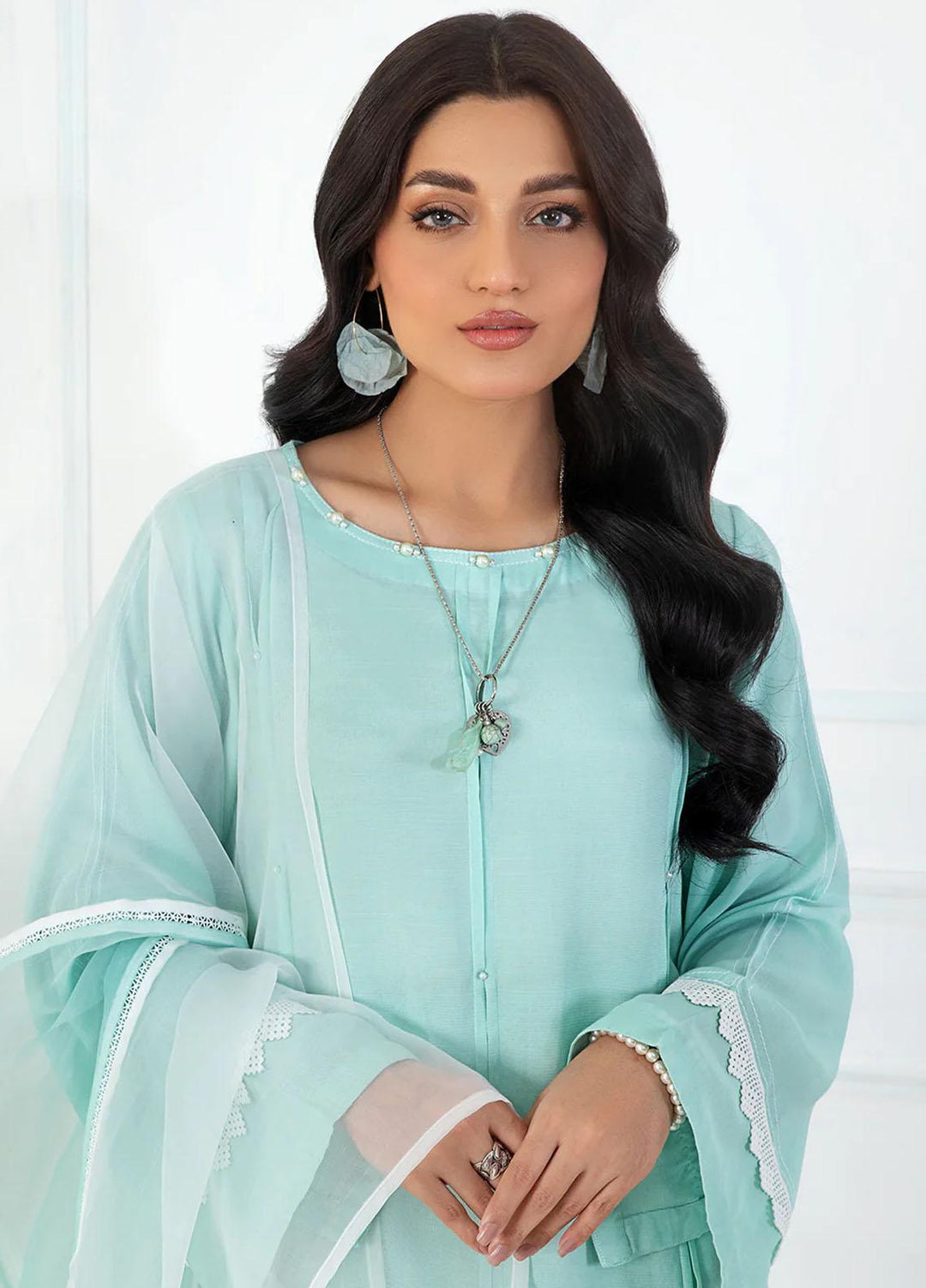 La Rosaa Pret Embroidered Raw Silk 3 Piece Suit FL01 TURQUOISE