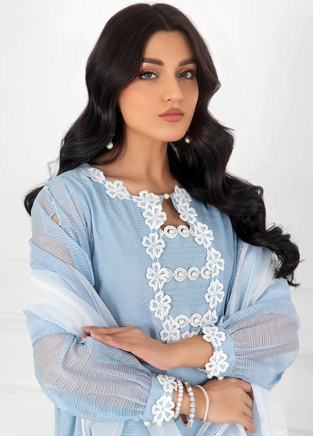 La Rosaa Pret Embroidered Organza 3 Piece Suit FL02 BLUE