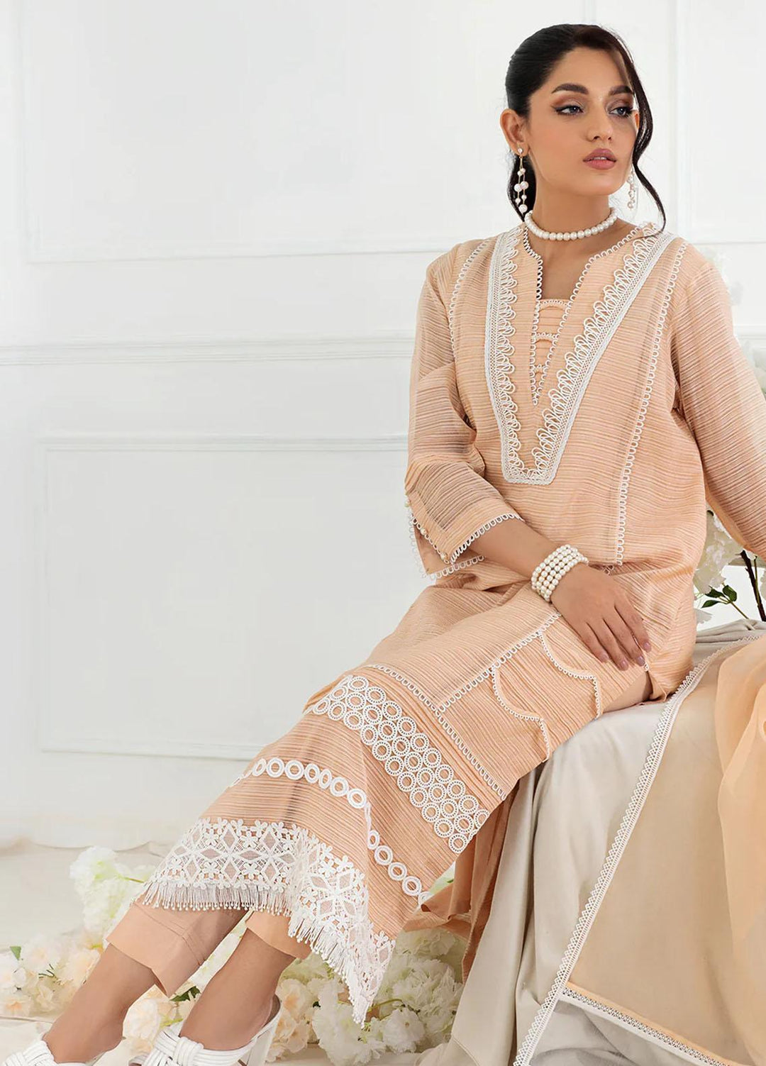 La Rosaa Pret Embroidered Organza 3 Piece Suit FL03 PEACH
