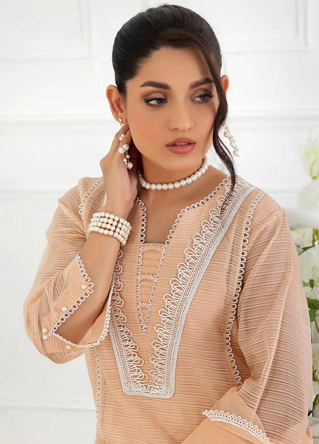 La Rosaa Pret Embroidered Organza 3 Piece Suit FL03 PEACH