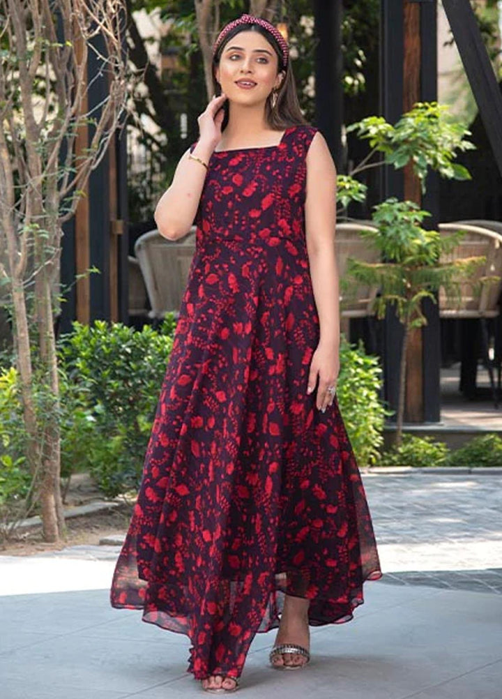 Nazmina Pret Printed Chiffon 2 Piece Suit FRT-25 Cerise leaflets