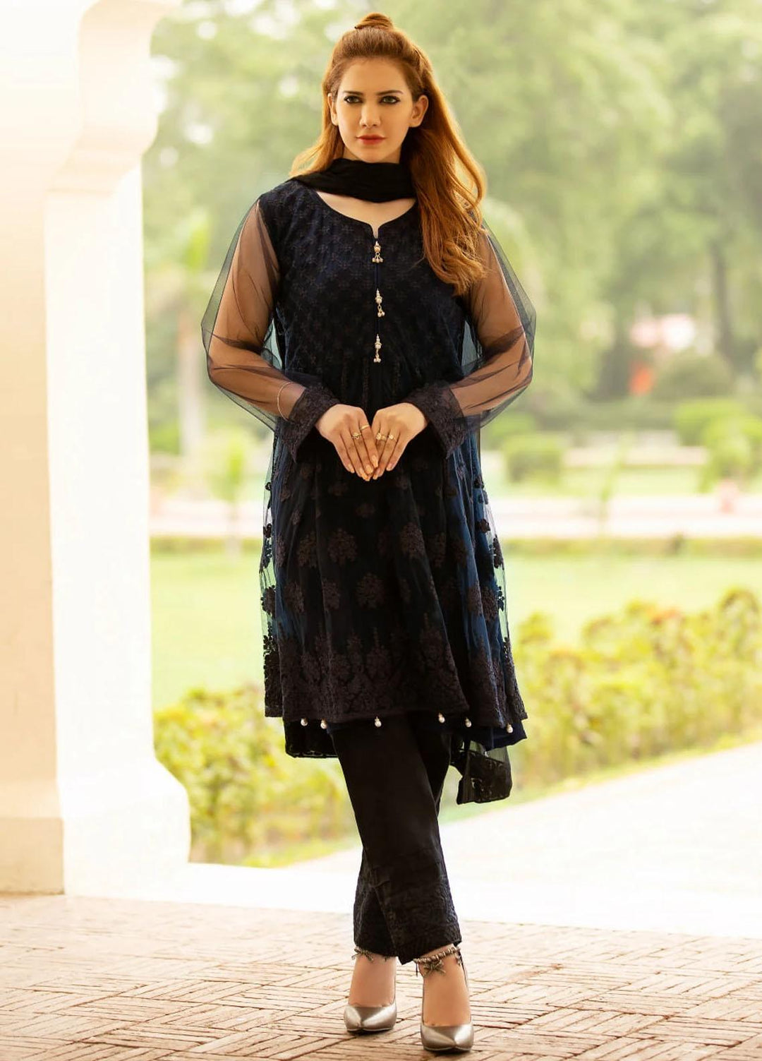 Garnet Clothing Pret Luxury Pret Embroidered Net Shirt ROYAL BLUE
