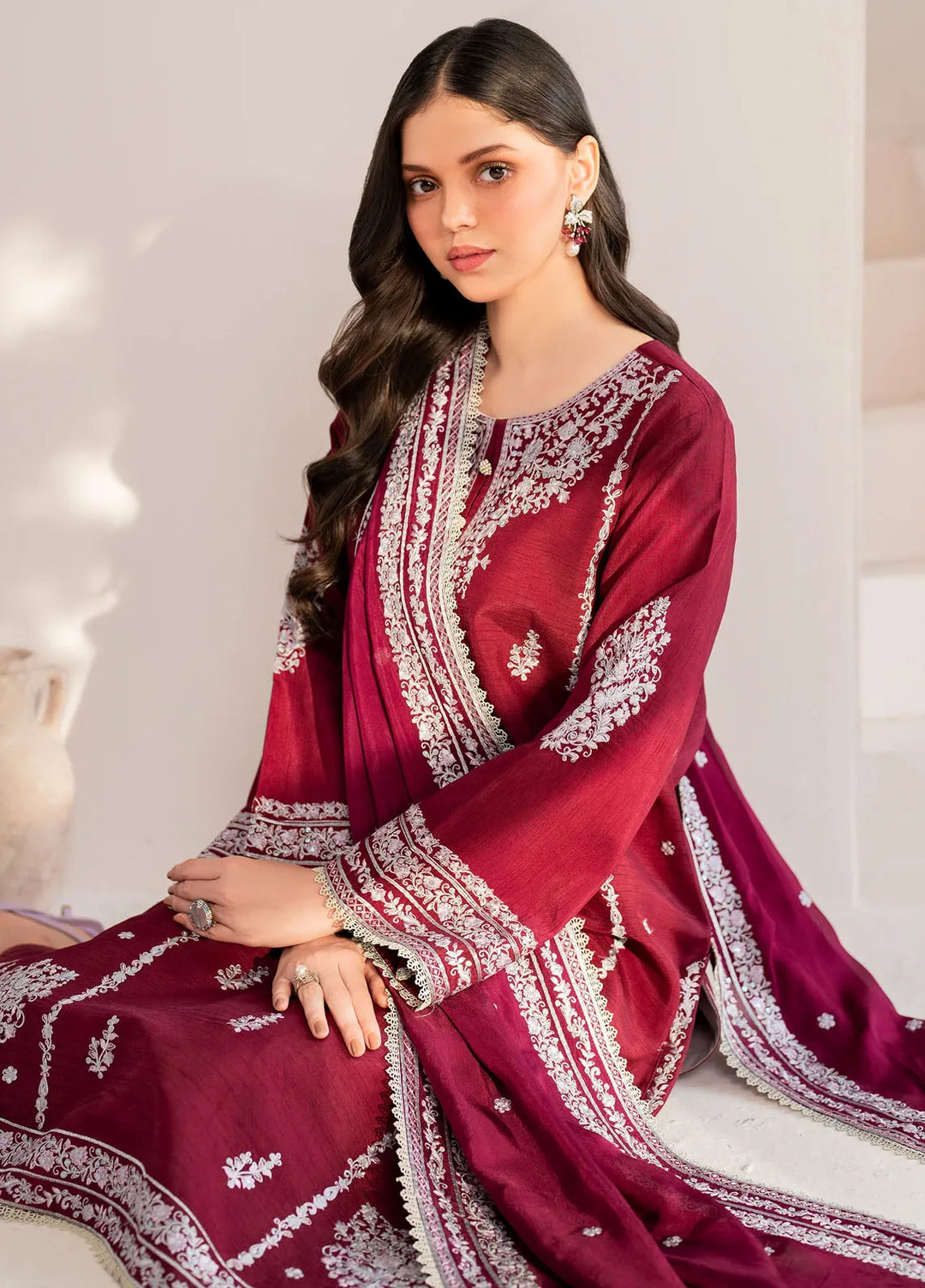 Garnet Pret Embroidered Raw Silk 3 Piece Suit Rosette