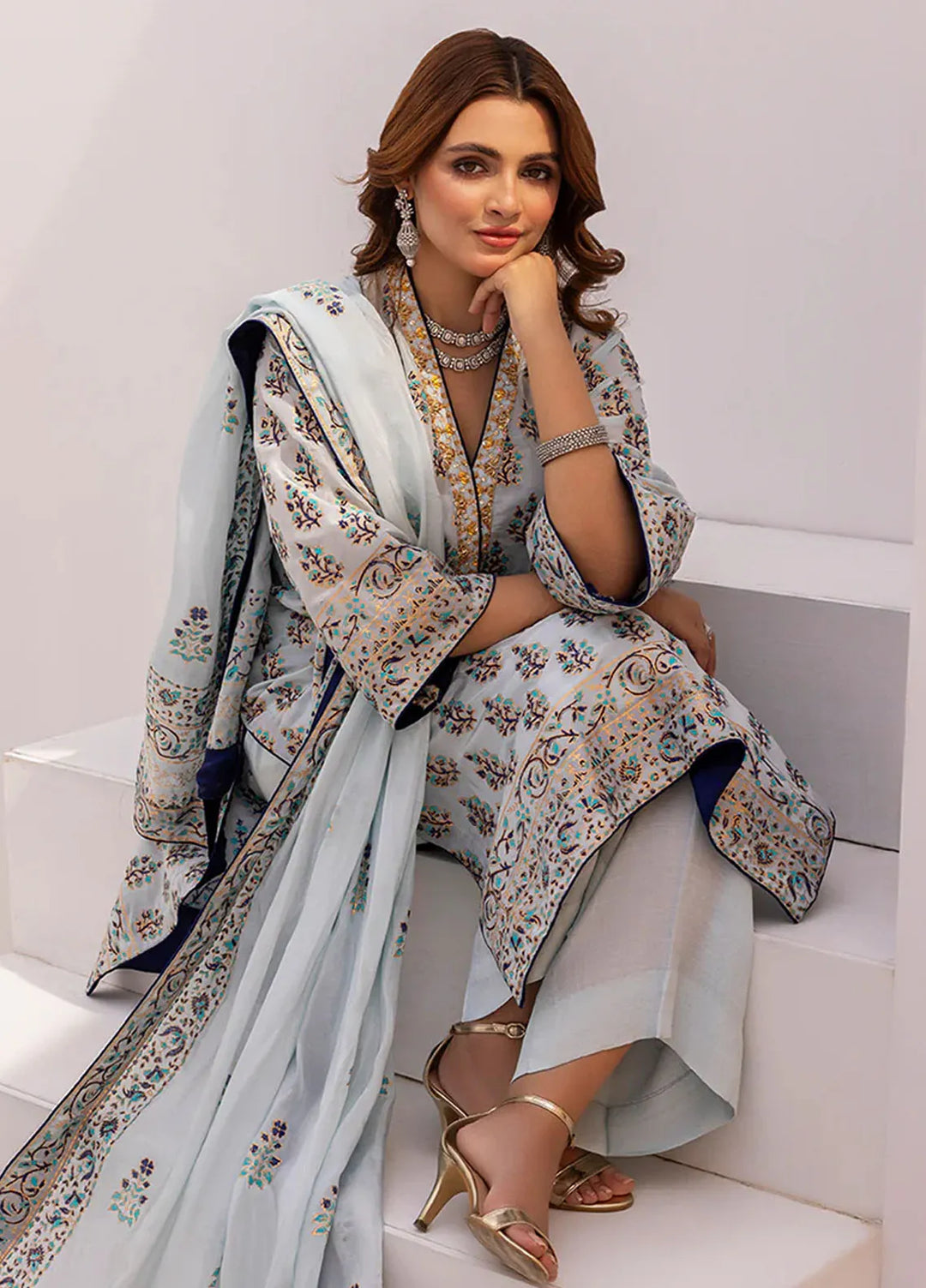 Grandeur Pret Embroidered Katan Silk 3 Piece Suit Serene
