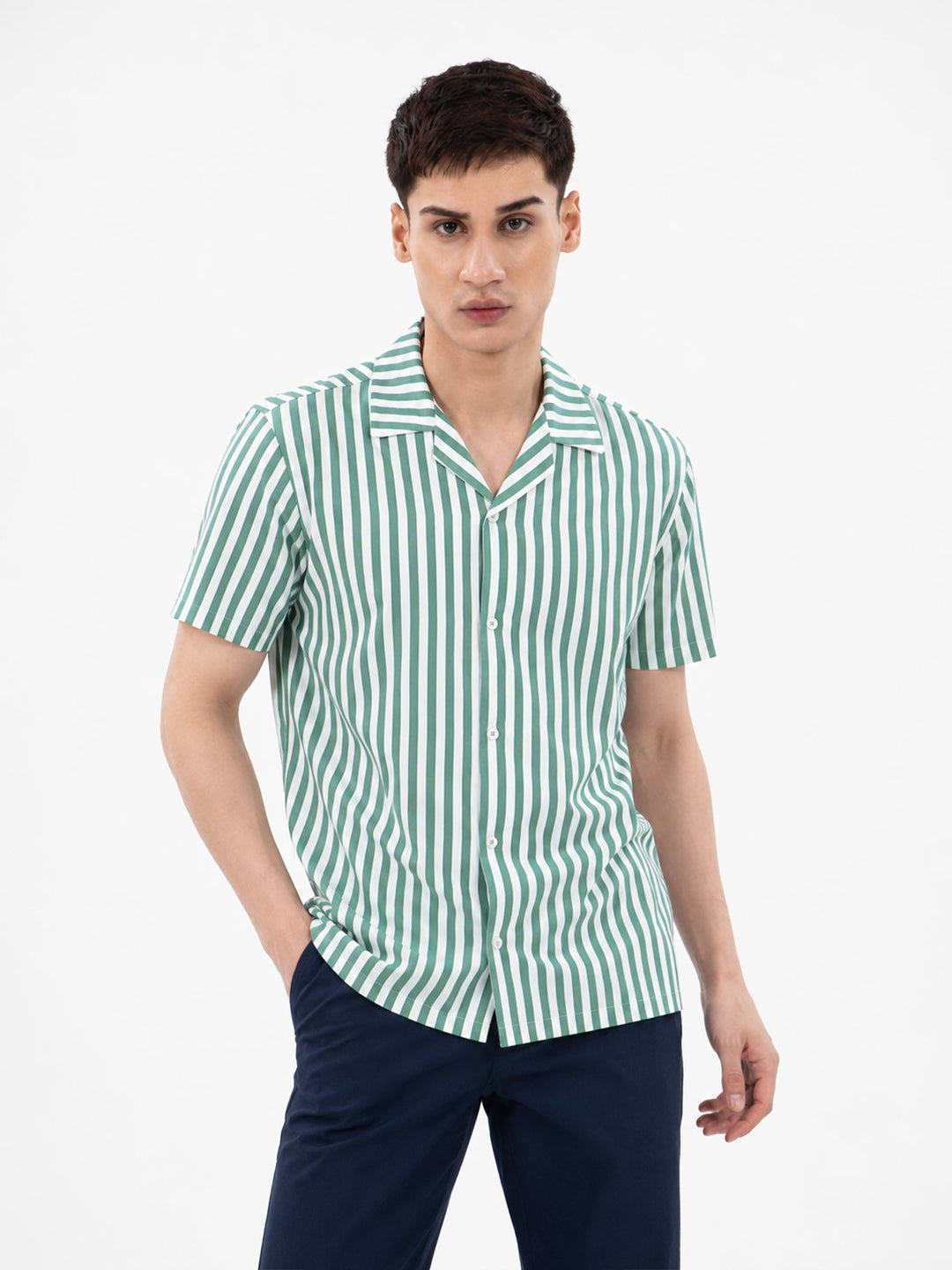 Brumano Mens RTW Solids Cotton Shirt Green N Off-White Casual Collection