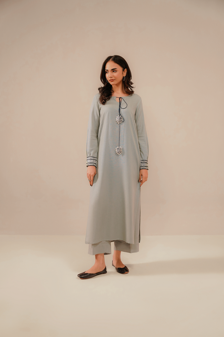 Divinely Crafted Pret Embroidered Silk Karandi 2 Piece Sliver Haze