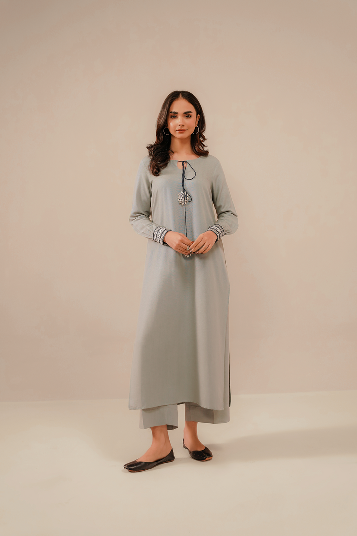 Divinely Crafted Pret Embroidered Silk Karandi 2 Piece Sliver Haze