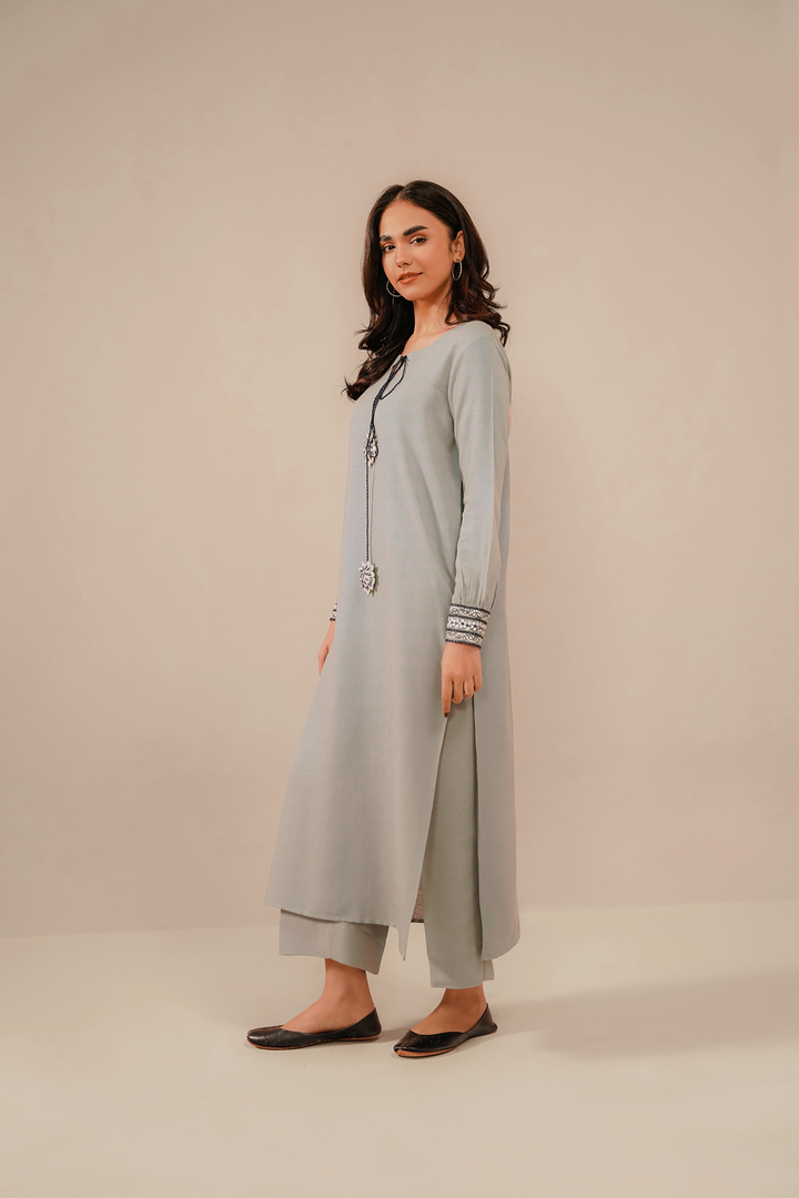 Divinely Crafted Pret Embroidered Silk Karandi 2 Piece Sliver Haze