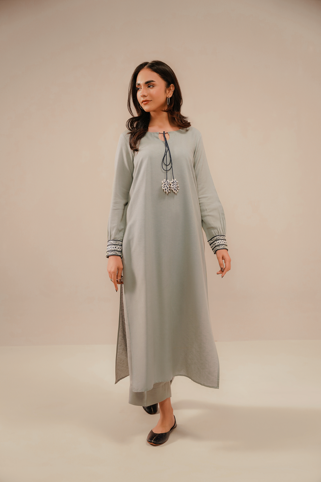 Divinely Crafted Pret Embroidered Silk Karandi 2 Piece Sliver Haze