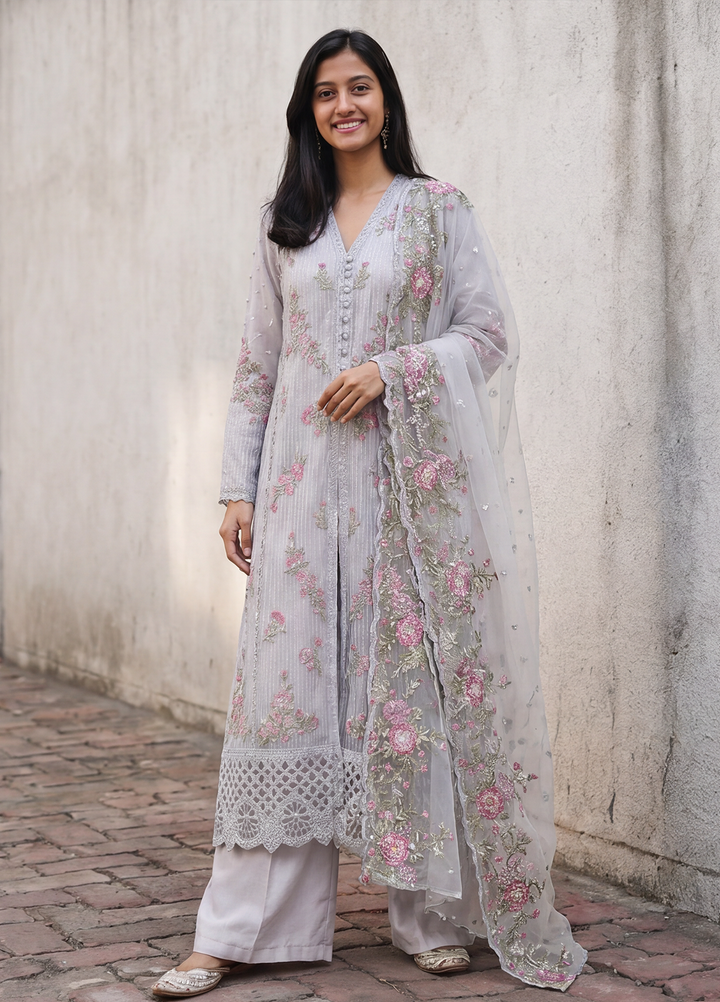 Falsafaa by HZ Textiles RTW Embroidered Organza 3 Piece Suit HZ26ULF HZK-237 C.Blue - Festive Collection