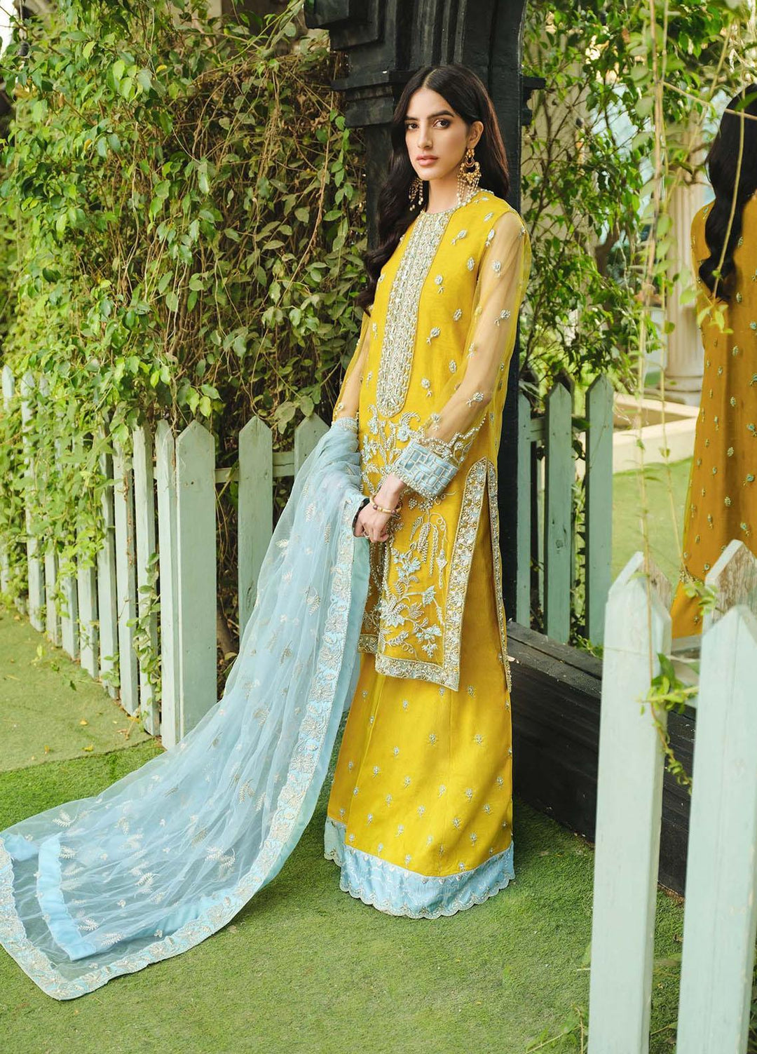 Gusel By Nuriyaa Embroidered Net Suits Unstitched 4 Piece NR23G Azure - Luxury Collection