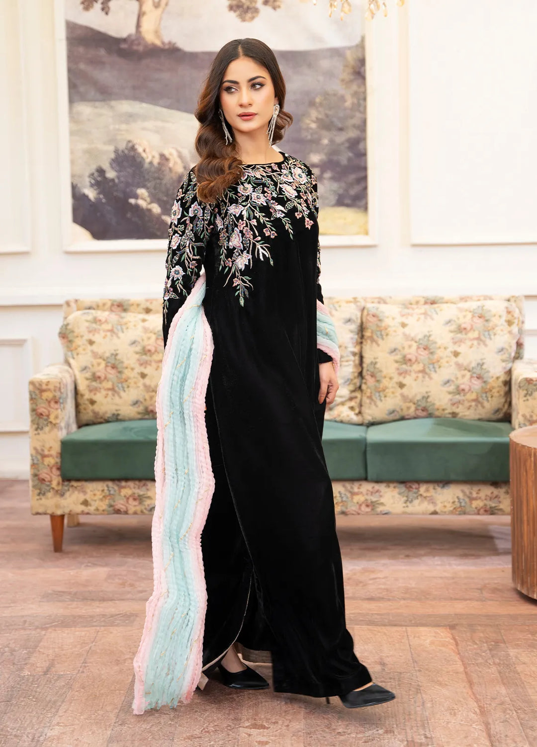 Hadia Batool Pret Embroidered Velvet 3 Piece Suit Kanari