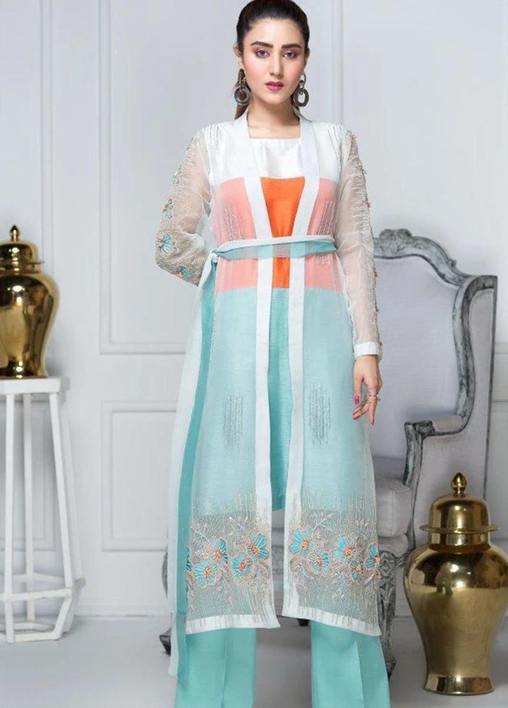 Hana Luxury Pret Embroidered Raw Silk 2 Piece Dress Aqua Marine