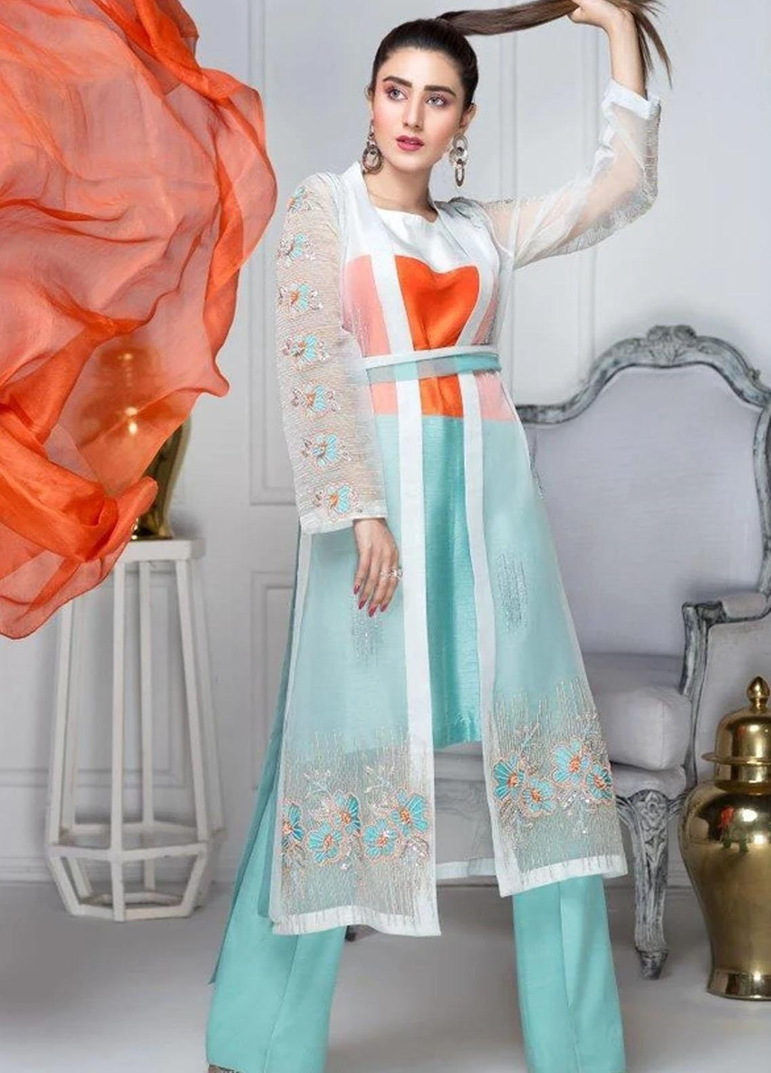 Hana Luxury Pret Embroidered Raw Silk 2 Piece Dress Aqua Marine