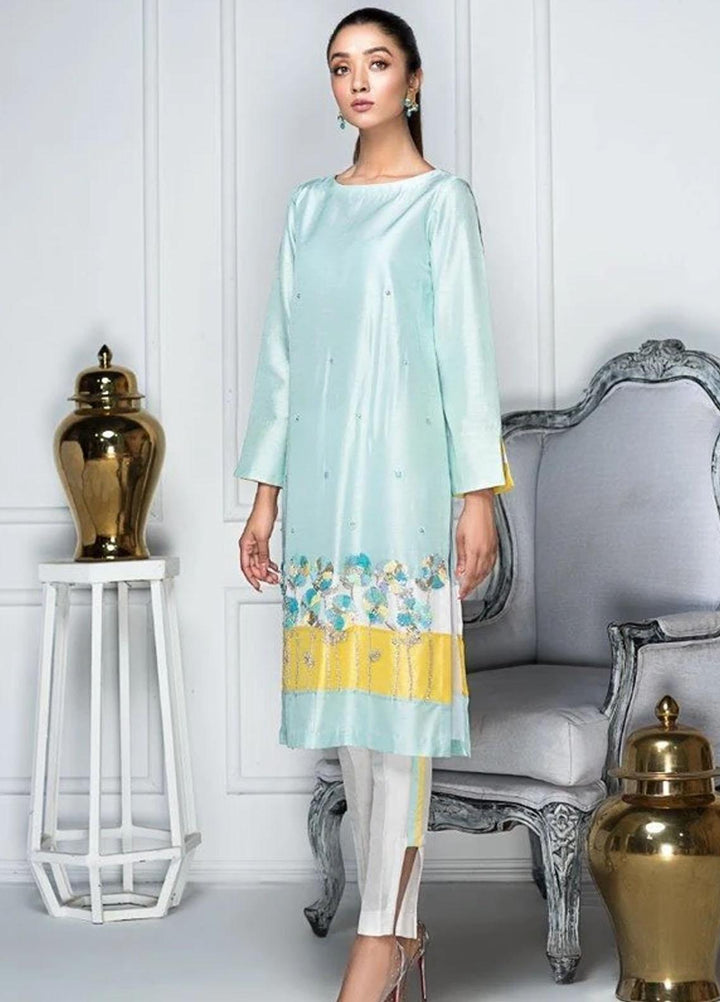 Hana Luxury Pret Embroidered Raw Silk 2 Piece Dress Blue Lagoon