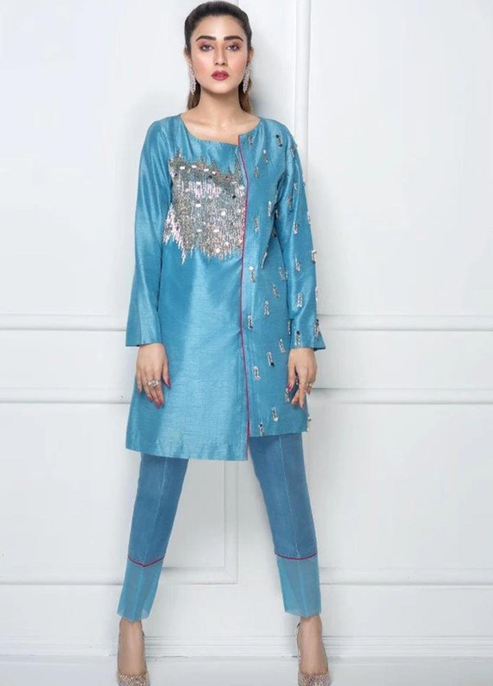 Hana Luxury Pret Embroidered Raw Silk 2 Piece Dress Cerulian Spark