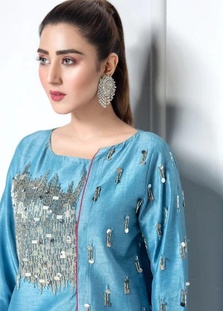 Hana Luxury Pret Embroidered Raw Silk 2 Piece Dress Cerulian Spark