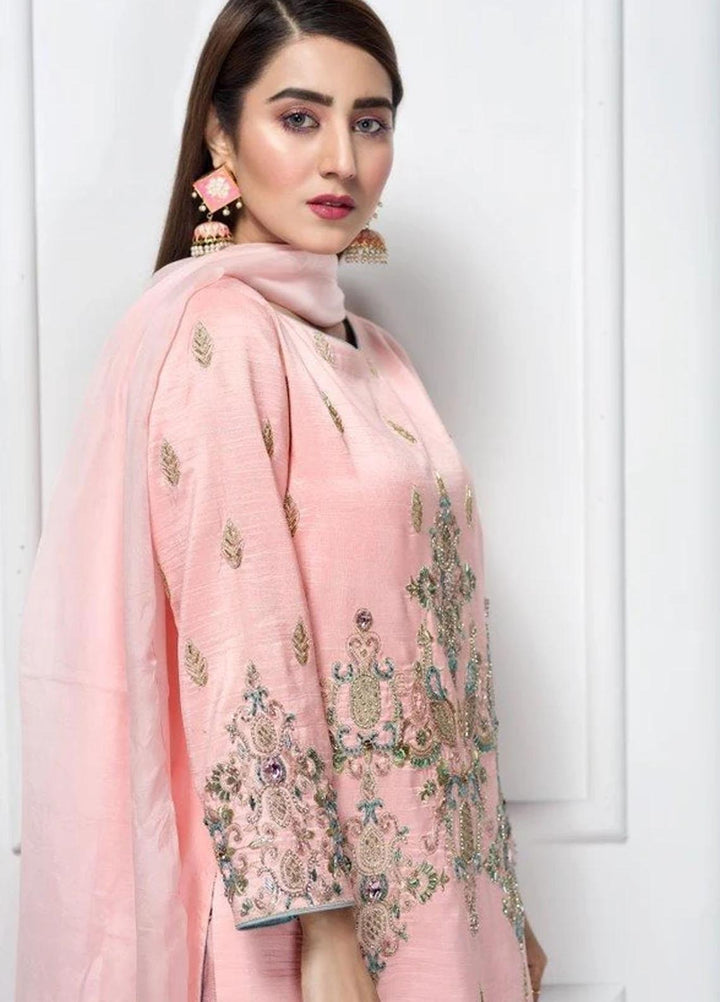 Hana Luxury Pret Embroidered Raw Silk 2 Piece Dress Pink Vine