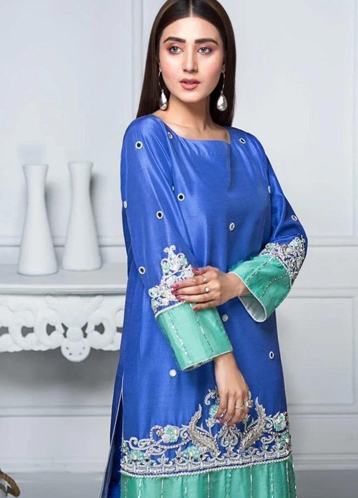 Hana Luxury Pret Embroidered Raw Silk 2 Piece Dress Sapphire Twinkle