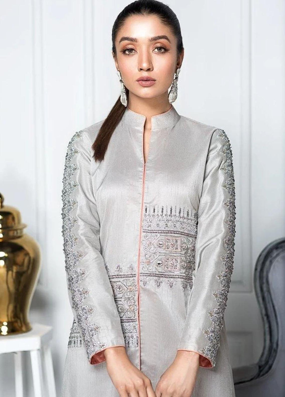 Hana Luxury Pret Embroidered Raw Silk 2 Piece Suit FL0001 Grey Stone