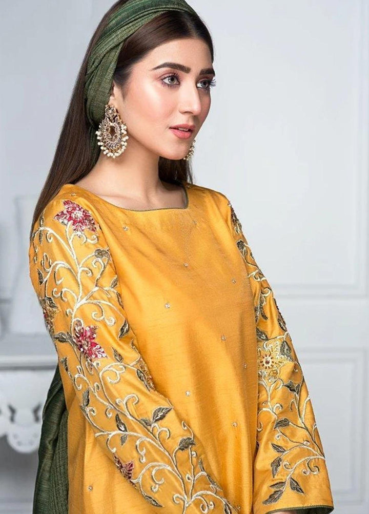 Hana Luxury Pret Embroidered Raw Silk 2 Piece Suit FL0005 Daffodils