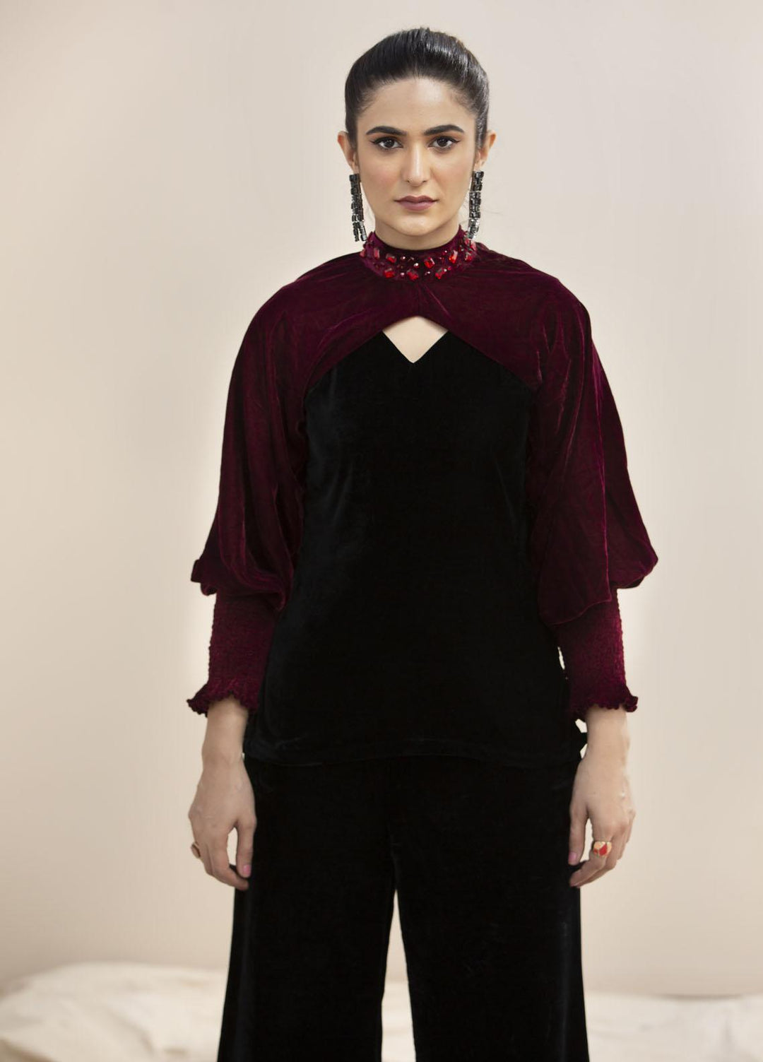 Hana Luxury Pret Embroidered Velvet Top Catch Me Red