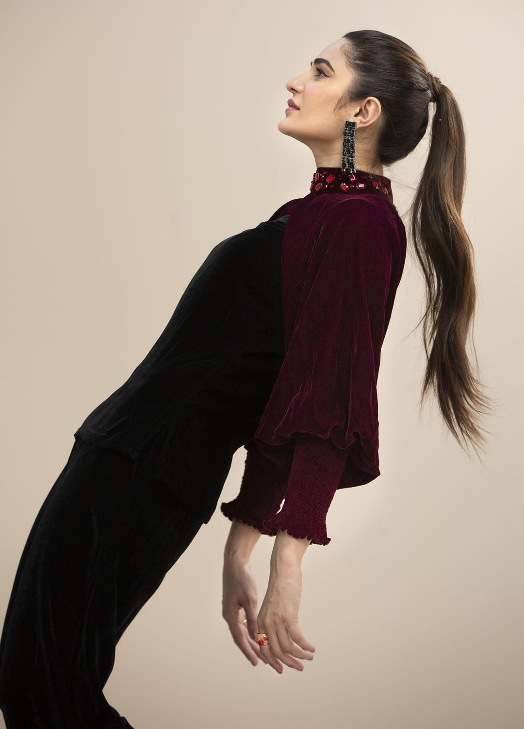 Hana Luxury Pret Embroidered Velvet Top Catch Me Red